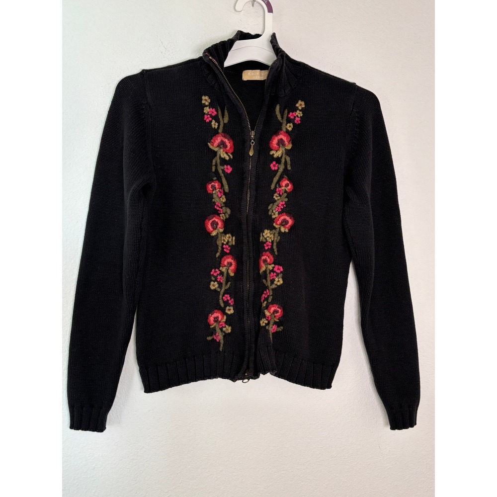 Kate Hill Casual Black Cotton Floral Embroidered Full Zip Cardigan Sweater Small